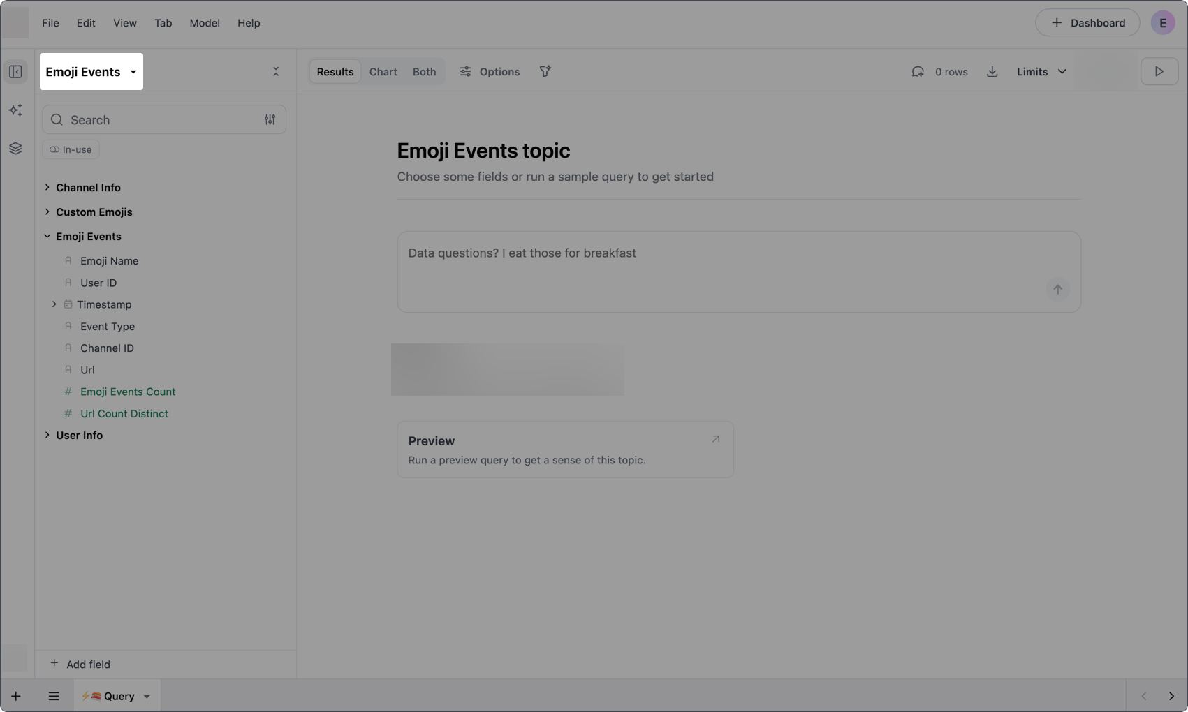 Example topics with labels, descriptions, and groups