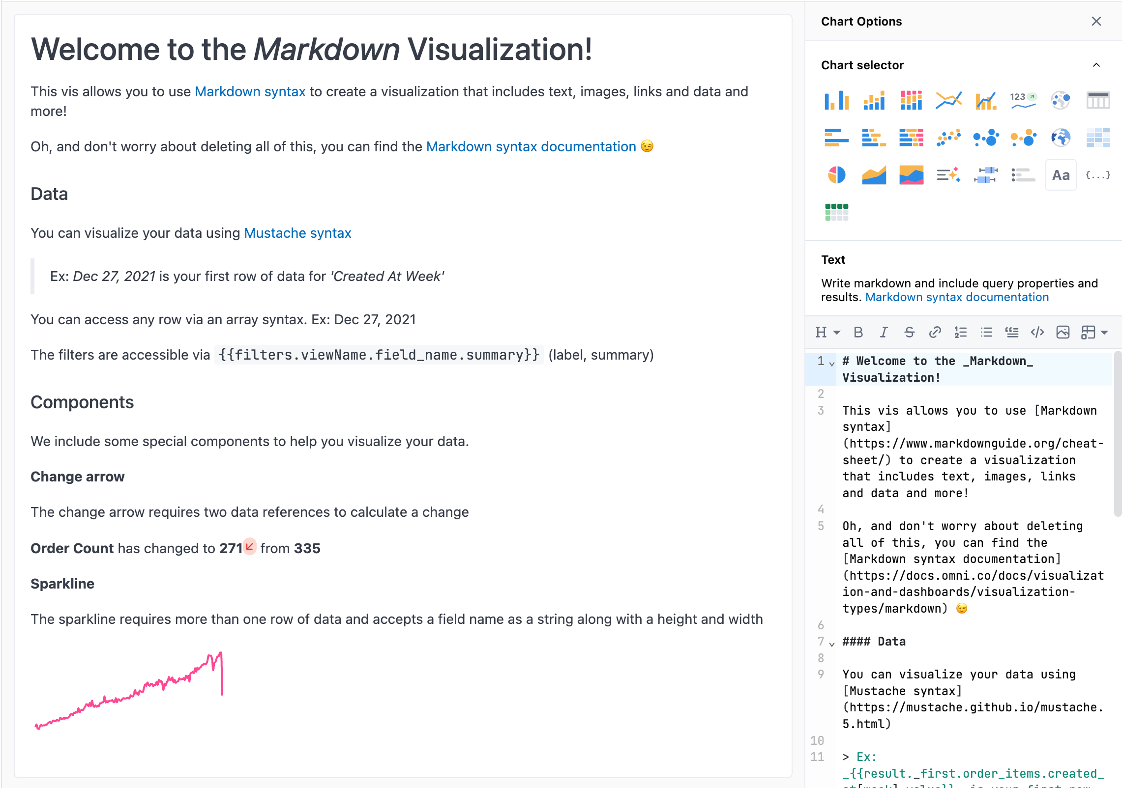 The Markdown editor in the Options pane with a formatting toolbar at the top
